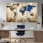 World Map Canvas Print | Vintage Blue and Gold World Map Wall Art