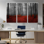 Red Forest Floor Canvas Wall Art | Mystical Foggy Woodland Triptych