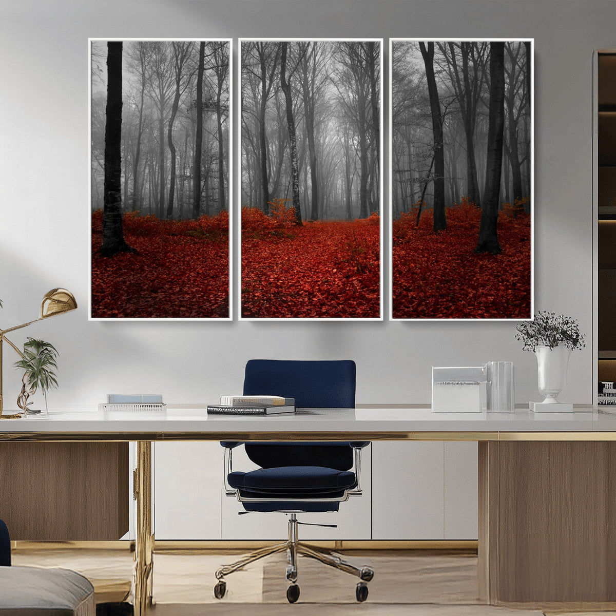 Red Forest Floor Canvas Wall Art | Mystical Foggy Woodland Triptych