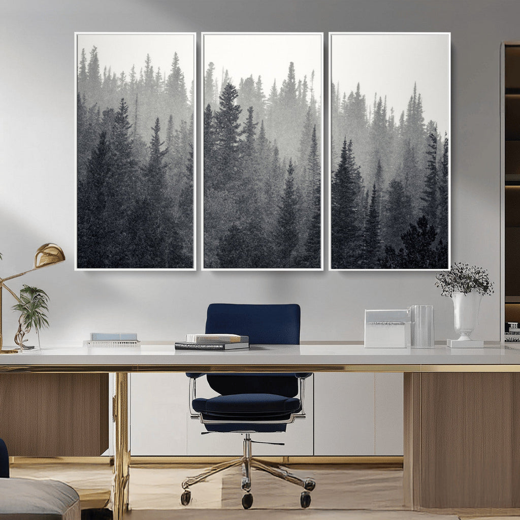 Misty Forest Canvas Wall Art | Monochrome Triptych Pine Tree Print