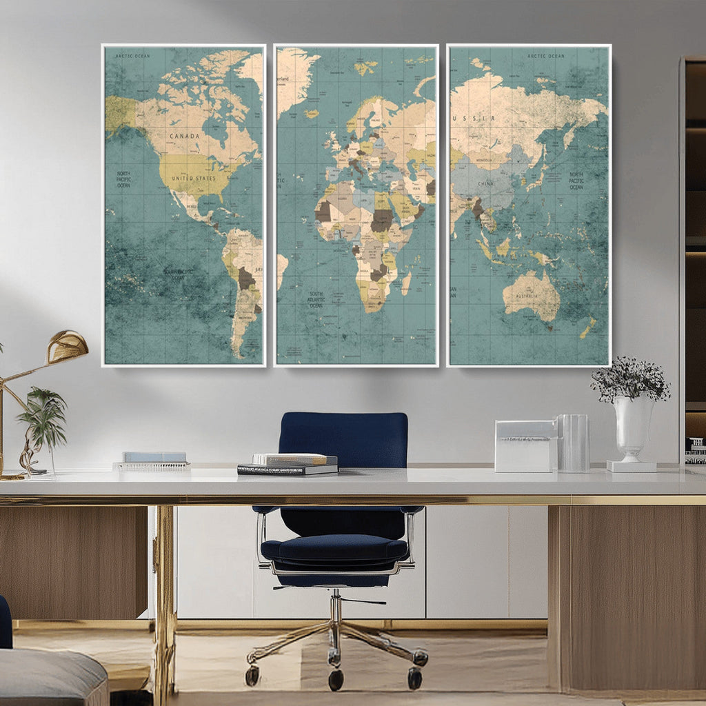 Classic World Map Canvas Print | Framed Vintage Map Wall Art
