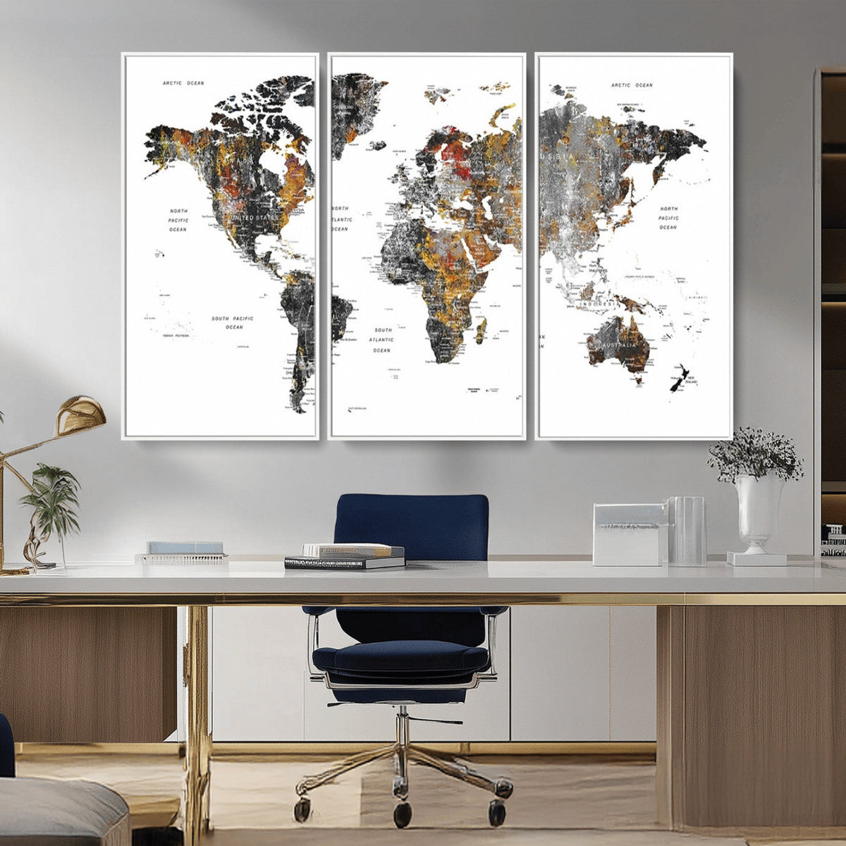 Modern Metallic World Map Canvas Wall Art | Framed Contemporary World Map Print