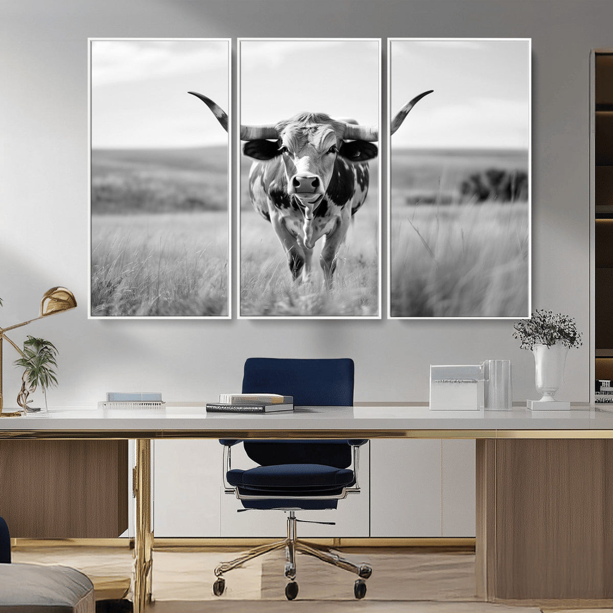 Texas Cow Longhorn Wall Art Canvas Print for Farm House Wall Art, Framed and Ready to Hang