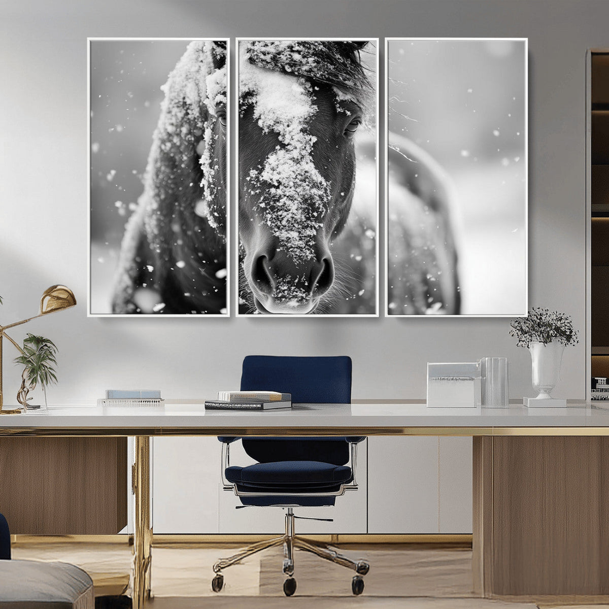 Black and White Horse Winter Wall Art, Ready to Hang