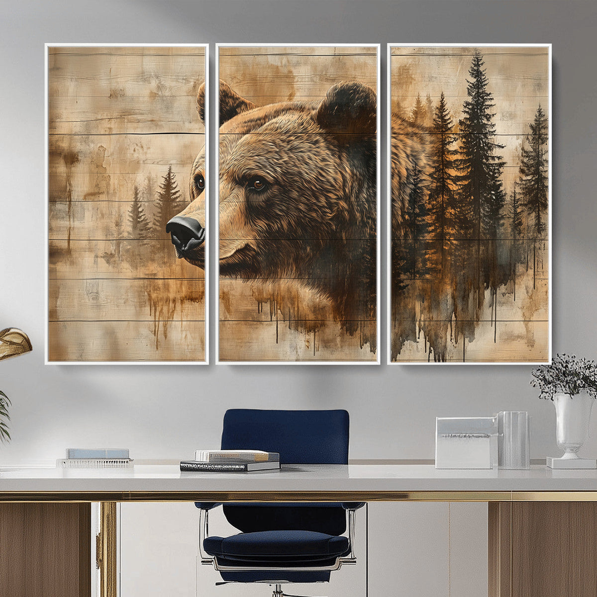 Rustic Grizzly Bear Wall Art, Abstract Grizzly 399 Bear Canvas Print, Woodland Wildlife
