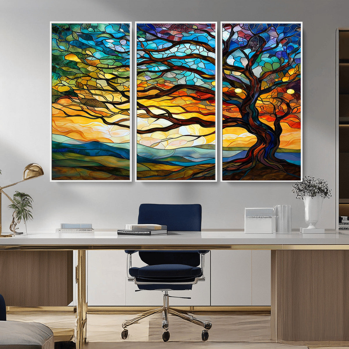 Vibrant Mosaic Tree of Life Wall Art, Stained Glass Style Canvas Print