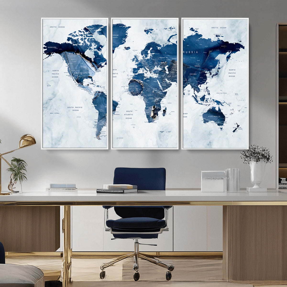 Modern Blue World Map Canvas Print | Elegant Travel Map Wall Art for Home Office