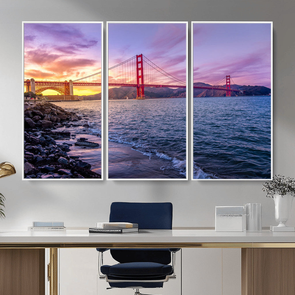 Golden Gate Bridge Wall Art Canvas Print, Framed San Francisco Sunset Landmark