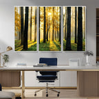 Sunlit Forest Wall Art Canvas Print, Large Framed Woodland Scene with Golden Light