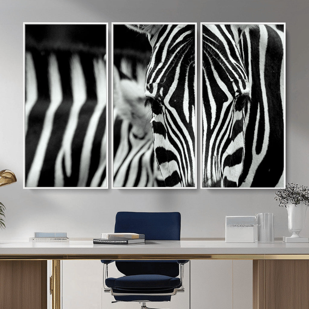 Zebra Wall Art | Zebra Close Up Canvas Print | Framed Black and White Wildlife