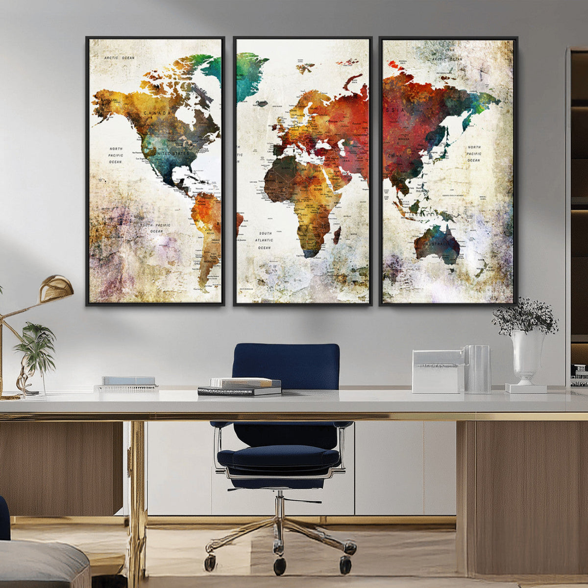 Watercolor World Map Canvas Print | Framed Travel Map Wall Art for Couples
