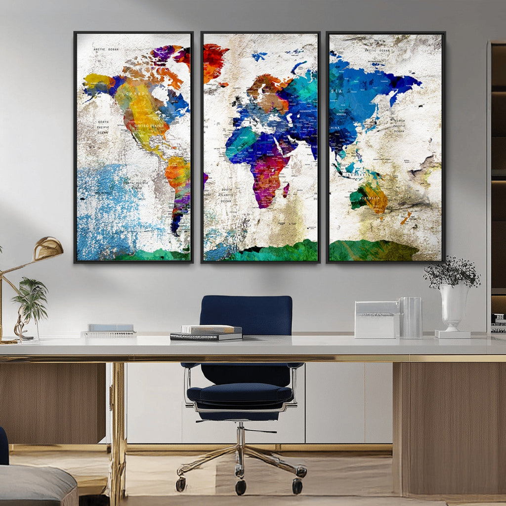 Navy Blue and Orange Watercolor World Map Canvas Print | Framed Travel Map