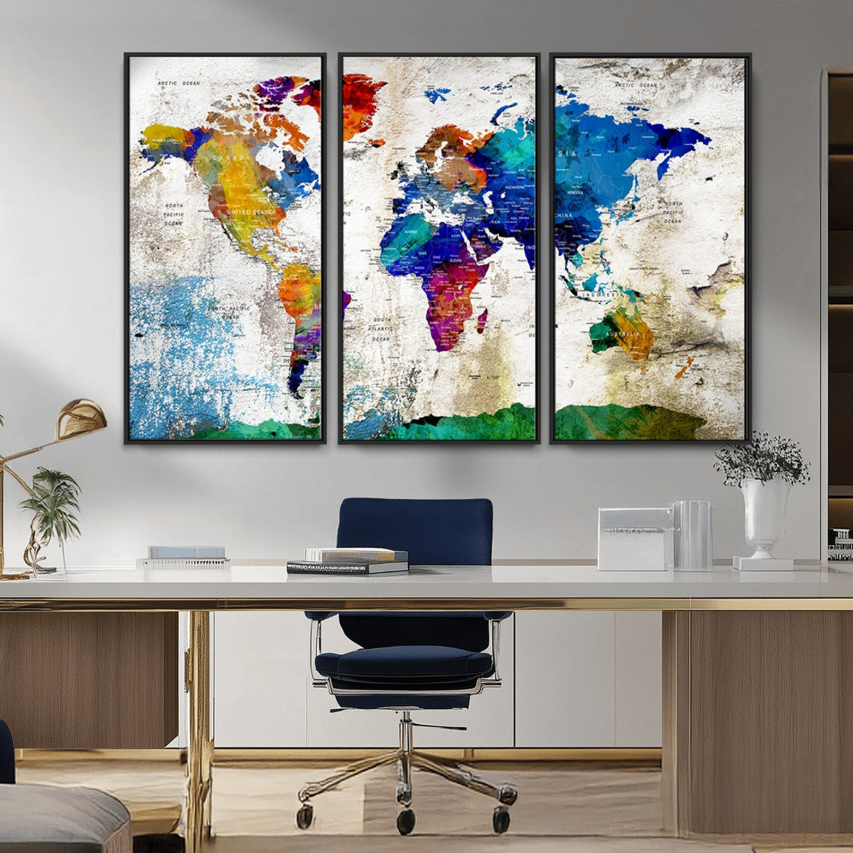 Navy Blue and Orange Watercolor World Map Canvas Print | Framed Travel Map