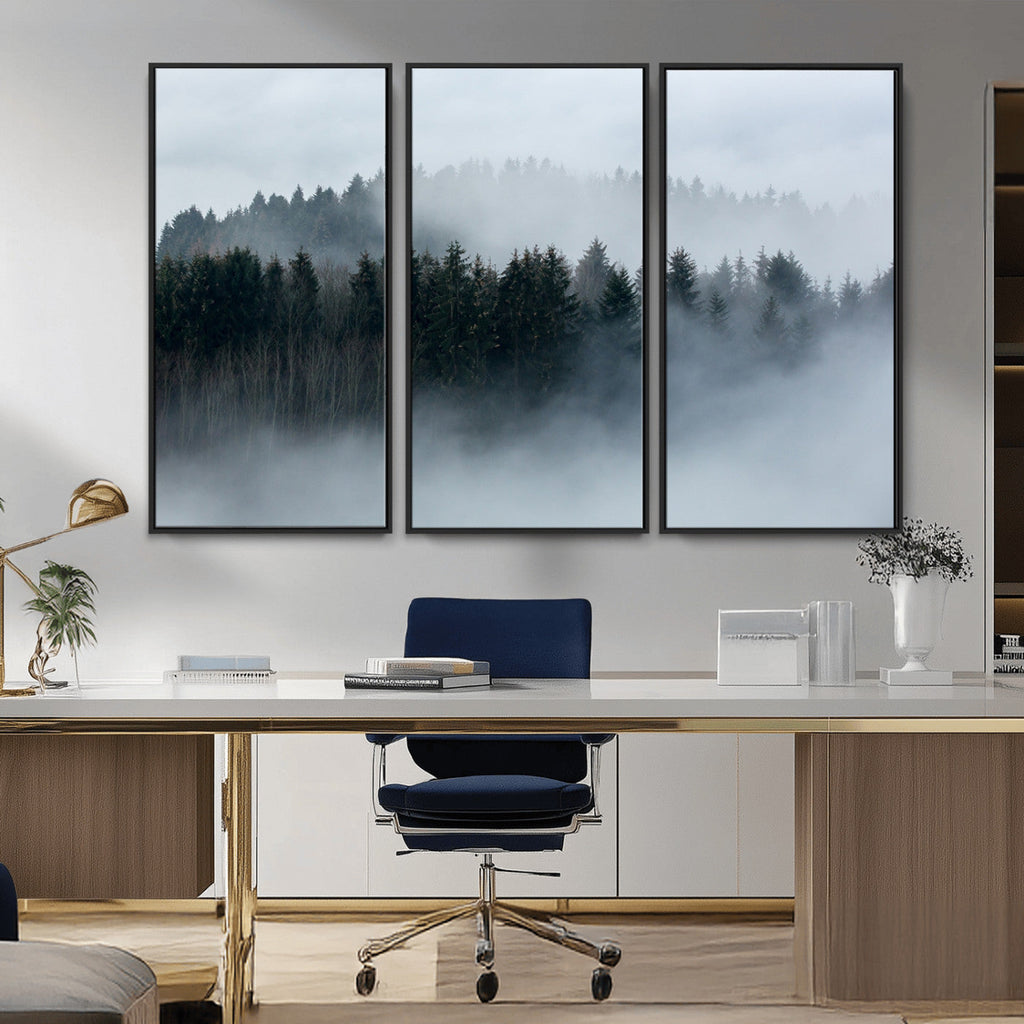 Autumn and Misty Trees in the Forest Wall Art Canvas Print, Foggy Forest Mountain Wall Art