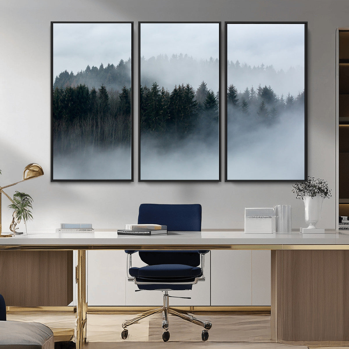 Autumn and Misty Trees in the Forest Wall Art Canvas Print, Foggy Forest Mountain Wall Art