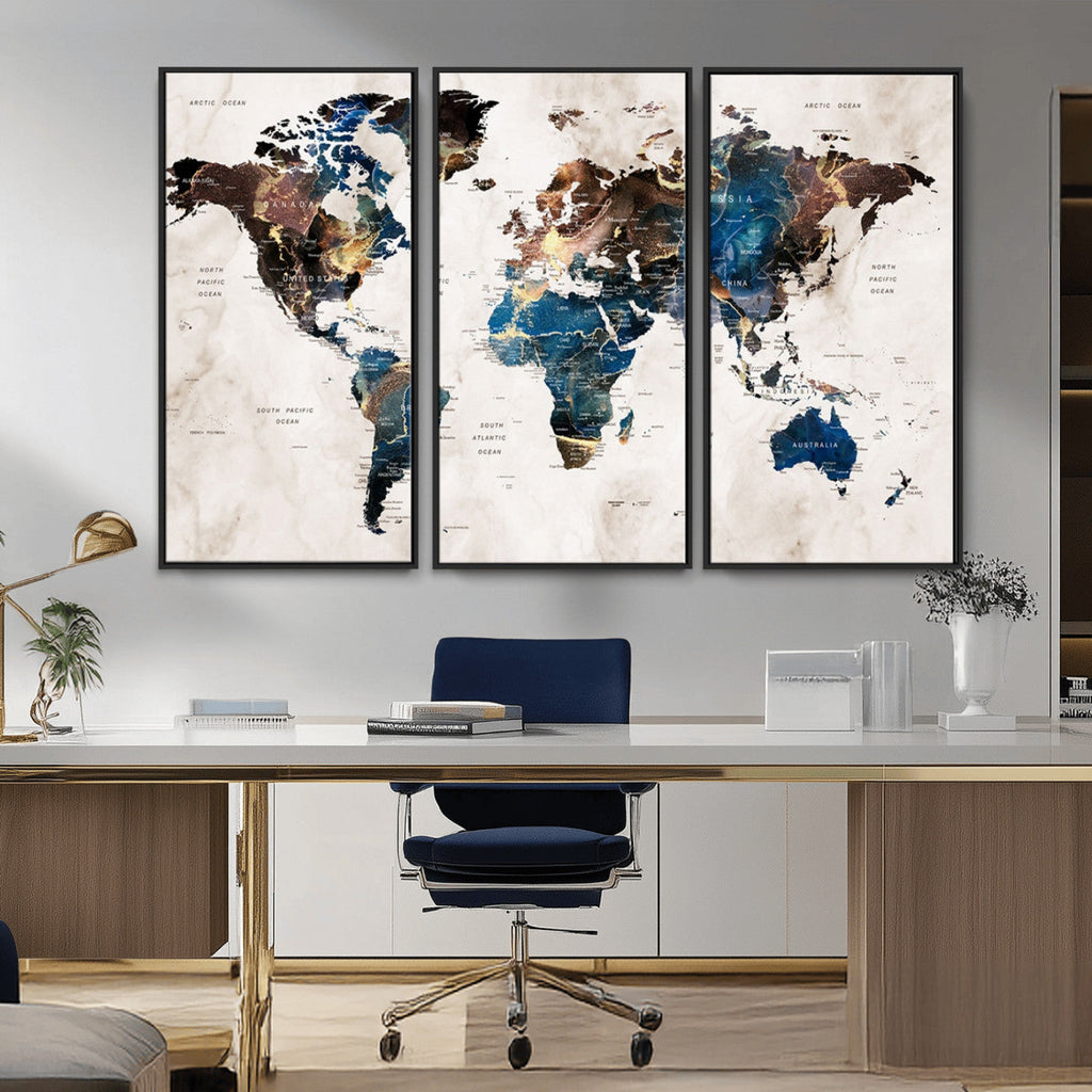 Abstract Earth Tone Blue World Map Canvas Print | Framed Travel Map Wall Art