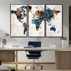 Abstract Earth Tone Blue World Map Canvas Print | Framed Travel Map Wall Art