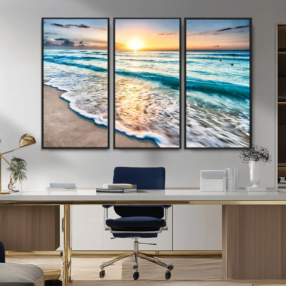 Sunset Beach Waves Canvas Wall Art | Ocean Sunset Coastal Print