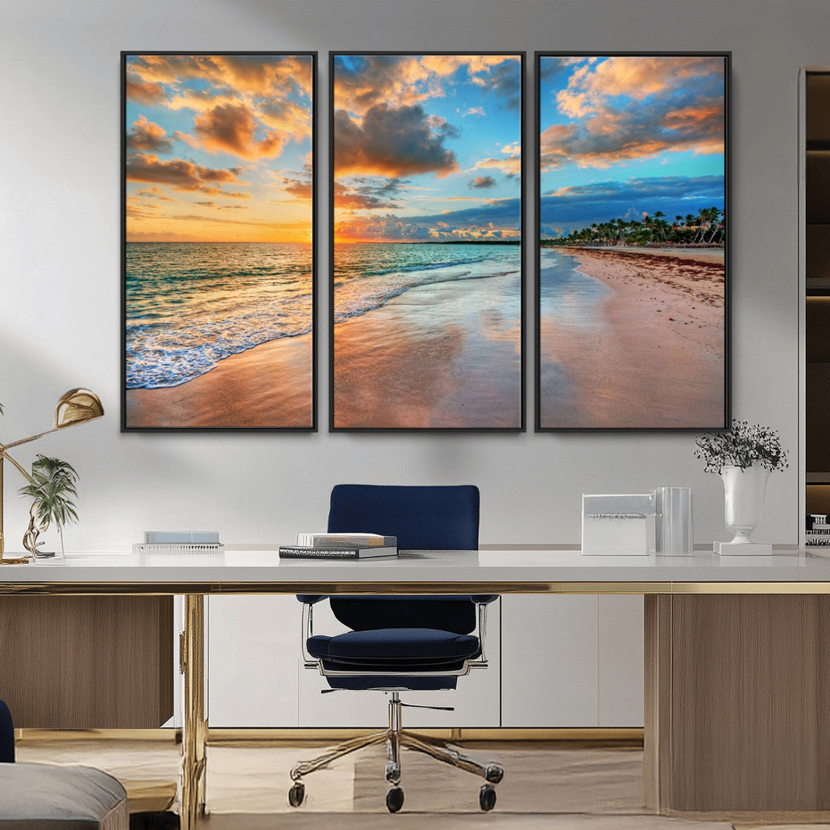 Sunset Beach Canvas Wall Art | Tropical Triptych Seascape Print