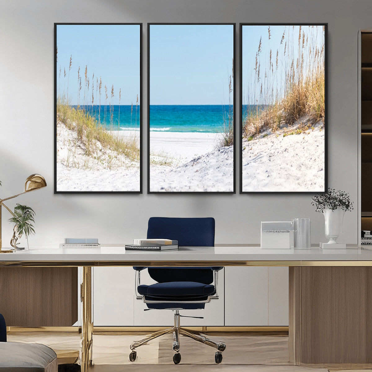 Serene Coastal Dune Path with Ocean View, 3-Panel Beach Canvas Wall Art