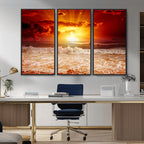 Red Sunset Ocean Beach Canvas Wall Art, Coastal Sunset Print