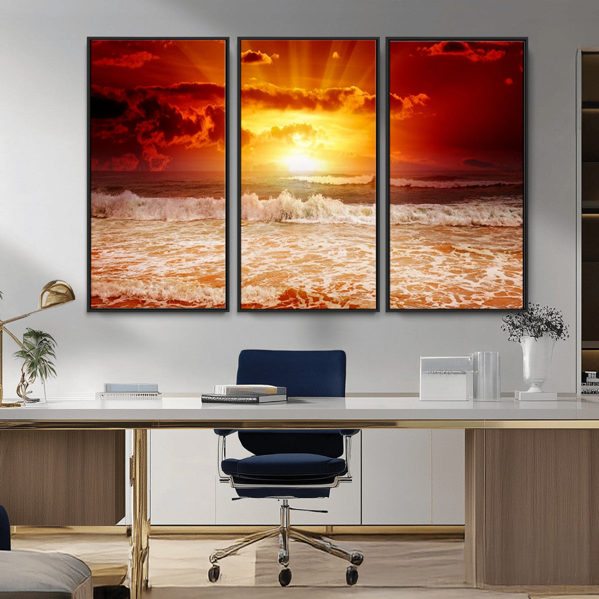 Red Sunset Ocean Beach Canvas Wall Art, Coastal Sunset Print