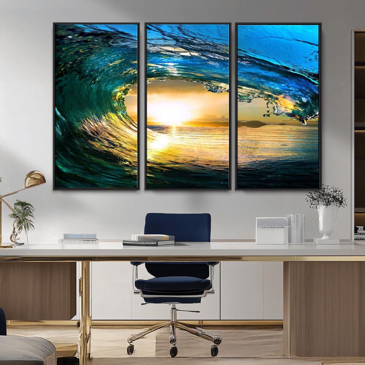 Ocean Wave at Sunset Canvas Art, Large Wall Print of Vibrant Surfing Wave