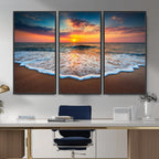Sunset Beach Canvas Wall Art | Colorful Ocean Waves Triptych