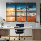 Golden Sunset Beach Triptych Canvas Art, Giclee Coastal Wall Decor, Ocean Waves Print