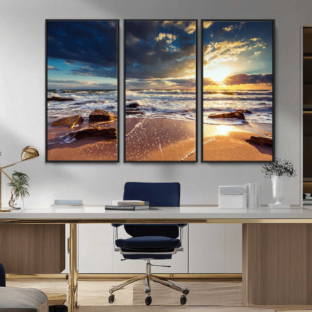 Golden Hour Beach Sunset Canvas Triptych, Ocean Waves and Rocks Wall Art