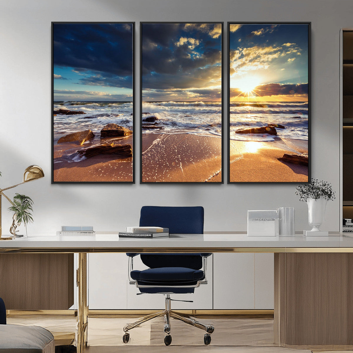 Golden Hour Beach Sunset Canvas Triptych, Ocean Waves and Rocks Wall Art