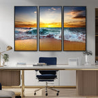Golden Sunset Ocean Waves Wall Art Canvas Print | Multi Panel Beach Canvas Set, Coastal Triptych