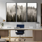 Foggy Mountain Wall Art | 3-Panel Foggy Forest and Mountain Landscape Canvas Print