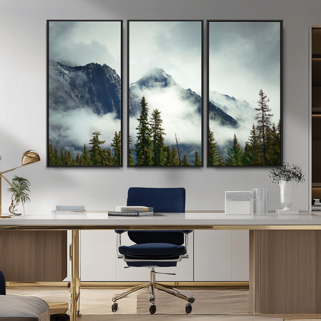 Mountain Mist Canvas Wall Art Print | 3-Panel Foggy Forest and Mountain Landscape