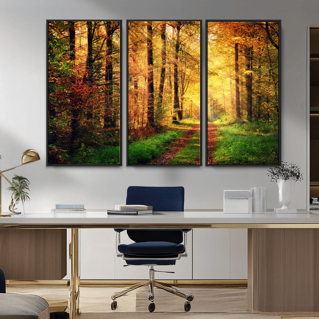 Sunlight Through Trees Wall Art Canvas Print | Autumn Forest Wall Art