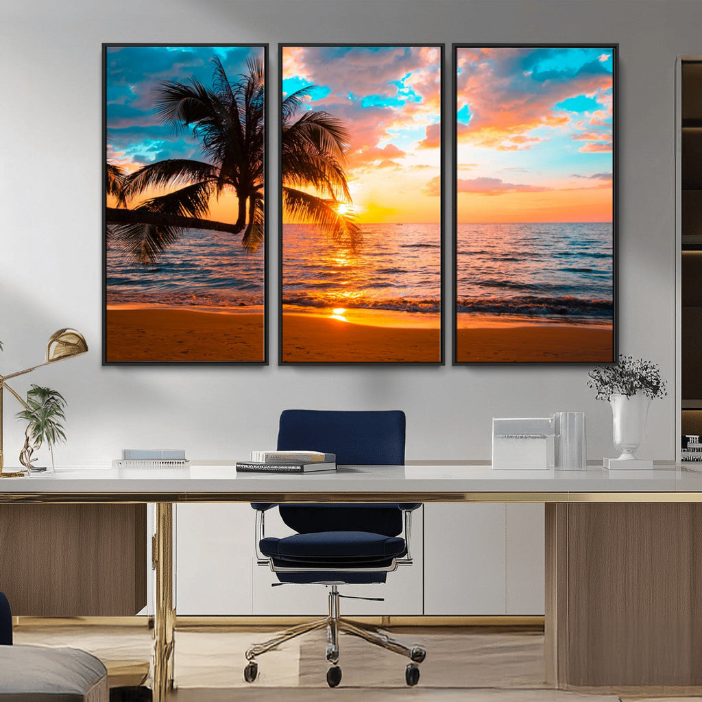 Palm Tree Sunset On The Beach Wall Art Canvas, Framed Palm Tree Sunset Canvas Print