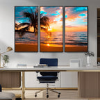 Palm Tree Sunset On The Beach Wall Art Canvas, Framed Palm Tree Sunset Canvas Print