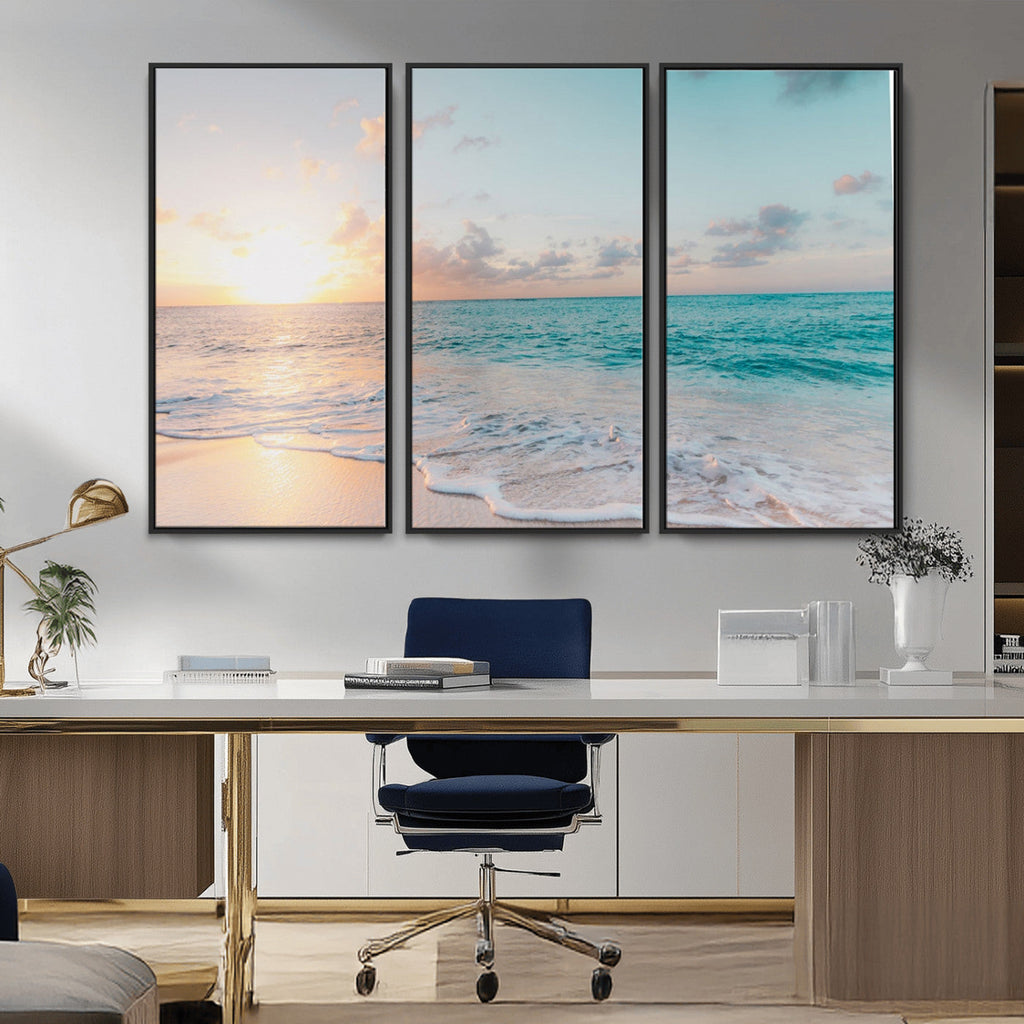 Tranquil Ocean Beach Sunset Canvas Wall Art | 3-Panel Coastal Decor
