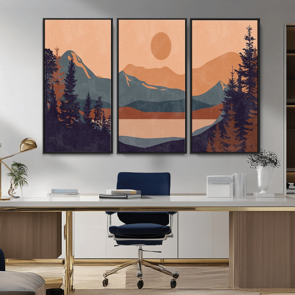 Modern Boho Sunset Canvas Print, Mountain Landscape Triptych