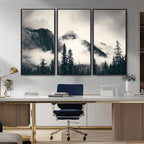 Forest Mountain Print | Black and White Canvas Wall Art with Misty Forest Design