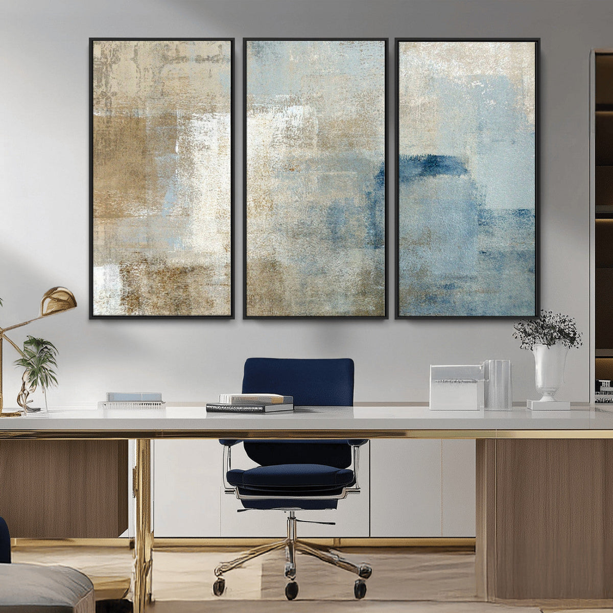 Abstract Blue and Beige Wall Art, Modern Minimalist Canvas Print Set