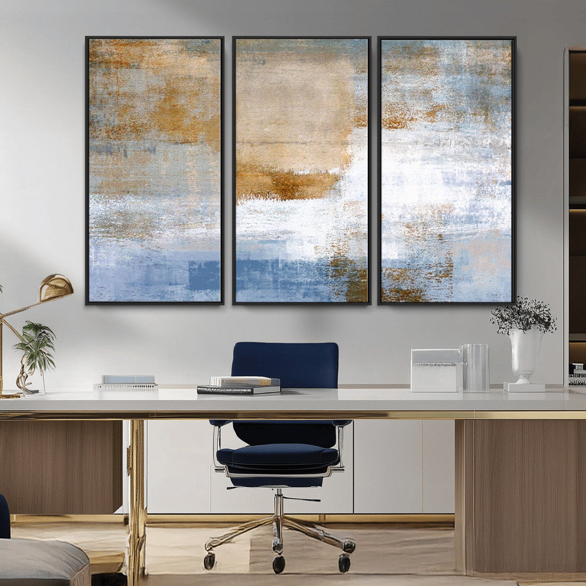 Blue Multi Panel Abstract Wall Art Canvas, Abstract Blue and Gold Canvas Print