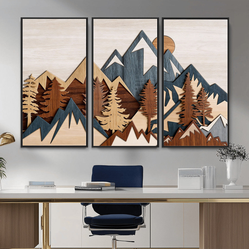 Rustic Abstract Wood Panel Effect Canvas | Mountain Range Top Wood Wall Art Canvas Print