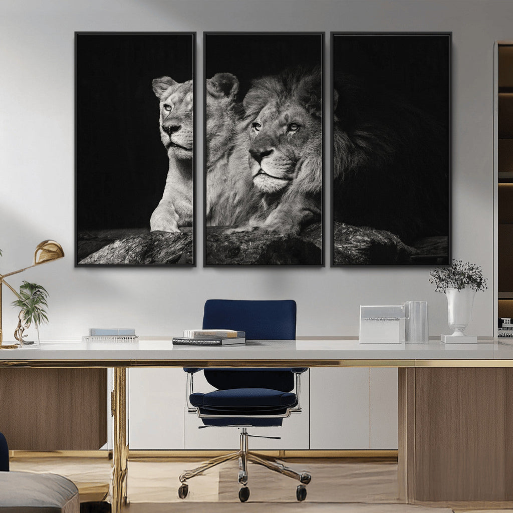 Lion Couple Wall Art Canvas Print, Elegant Black and White Wildlife Portrait