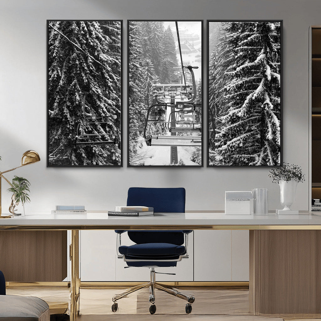 Winter Ski Lift Black and White Canvas Wall Art | Alpine Escape in Minimalist Style
