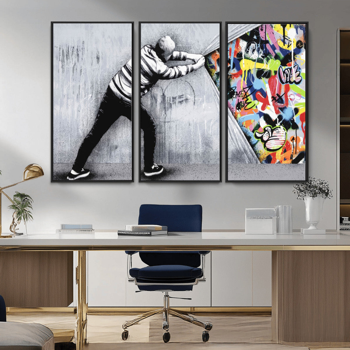 Banksy Art Behind the Curtain Street Wall Art Canvas Print | Urban Graffiti Style Wall Decor