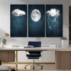 3 Piece Indigo Cloud Wall Art, Thunderstorm Moon Cloud Artwork
