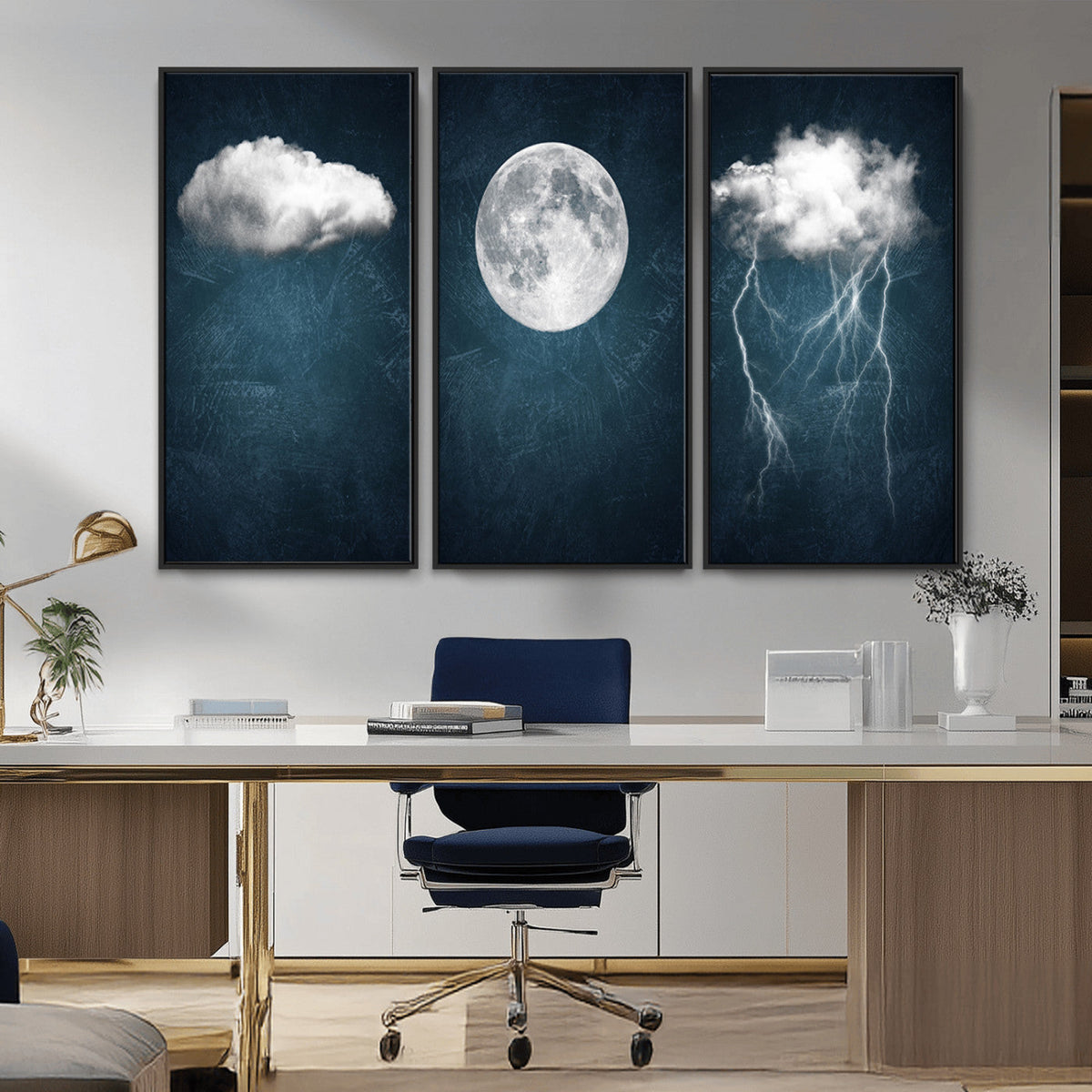 3 Piece Indigo Cloud Wall Art, Thunderstorm Moon Cloud Artwork