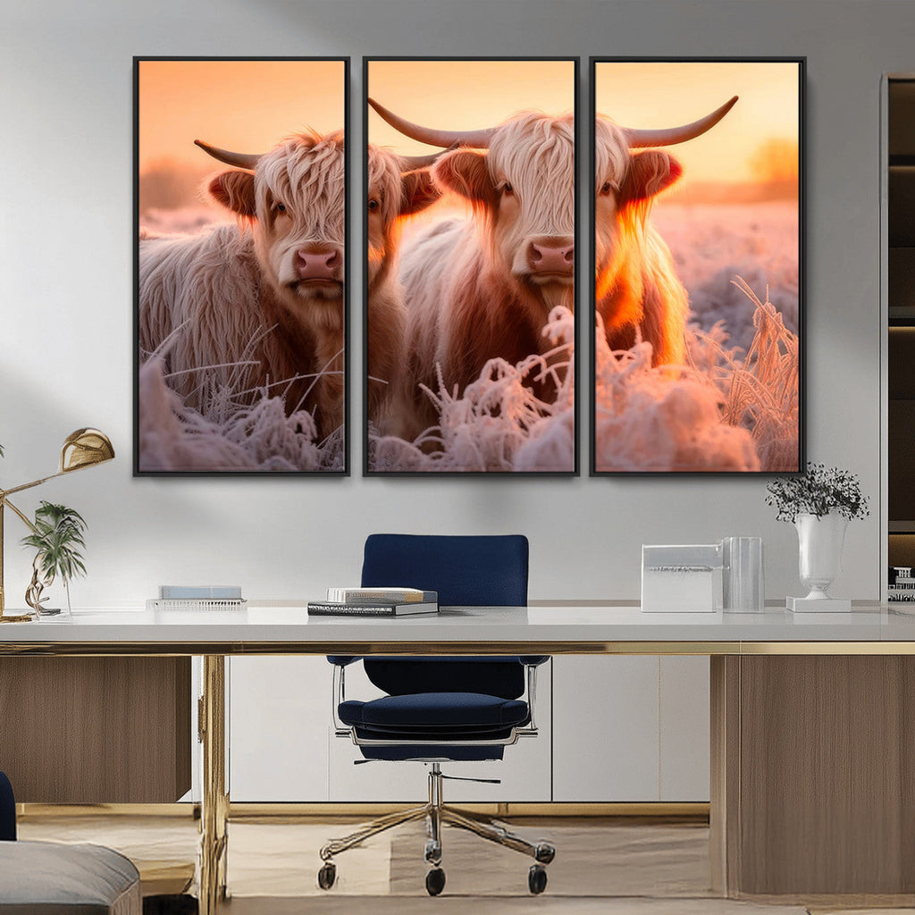 Highland Cows at Sunrise Wall Art Canvas Set