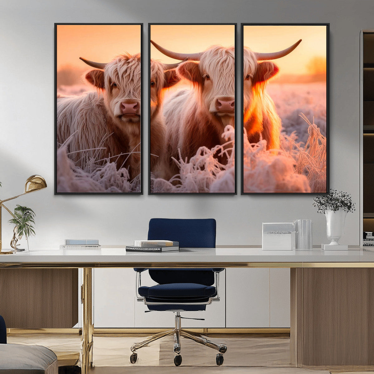 Highland Cows at Sunrise Wall Art Canvas Set